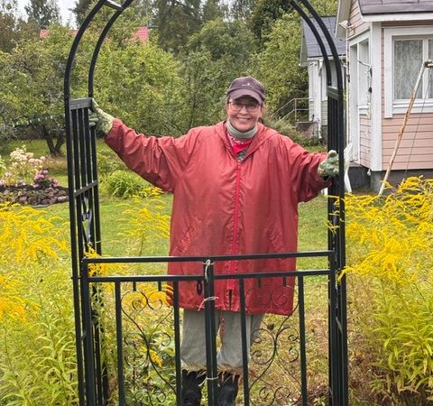 Sadepäivänäkin talolle – köynnösportti, tapettia ja eteisen maalausta